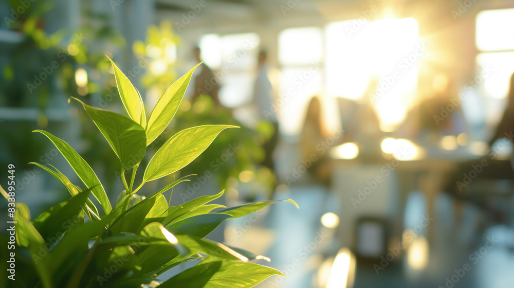 Aufkleber blurred background of employees in an office setting with plants and sunlight, emphasizing a commitm