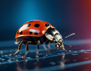Fototapeta premium Computer bug concept with ladybug standing on computer circuits , troubleshooting and debugging concepts
