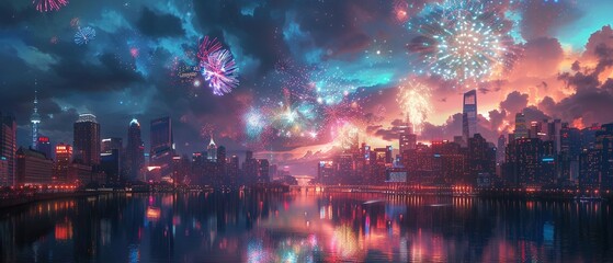 Fototapeta premium A futuristic cityscape with holographic fireworks celebrating Freedom Day, blending neon lights and advanced technology, Futuristic, Neon, Holographic 8K , high-resolution, ultra HD,up32K HD