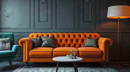 The interior design of a modern living room with an orange sofa and grey armchair, and a dark gray wall background. A lamp sits on the table. Generative AI.