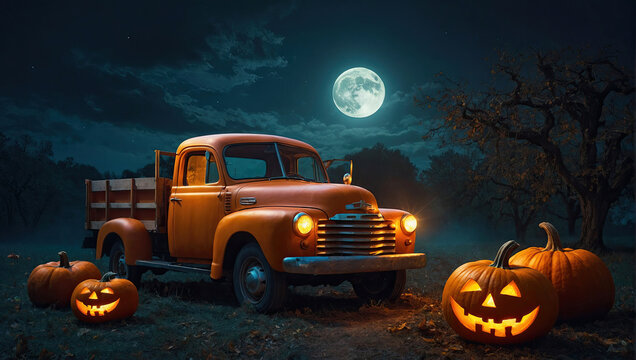 An old orange pumpkin truck at night on a full moon for Halloween is a scary festive background, a party, a frightening mood. Pumpkins on the farm and Jack Lantern with slits
