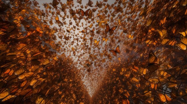 Monarch Butterfly Migration in Autumn Forest