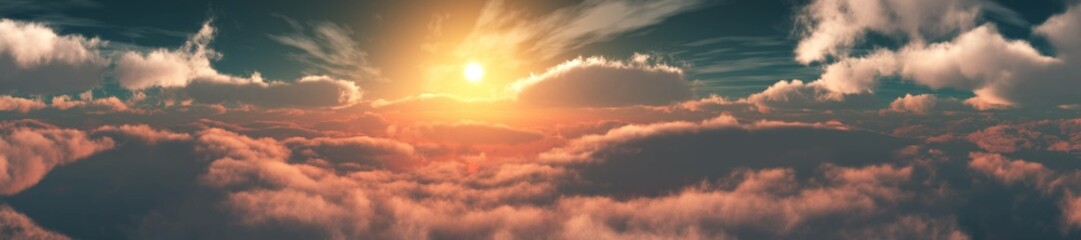 Flight among the clouds, Stormy sky, sunrise or sunset among fabulous clouds, panorama of clouds, 3D rendering