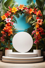 A summer empty podium for product demonstration against the background of the sea with tropical flowers and butterflies. Sunscreen cosmetics, beach holidays, hotel tour, oceanfront wedding