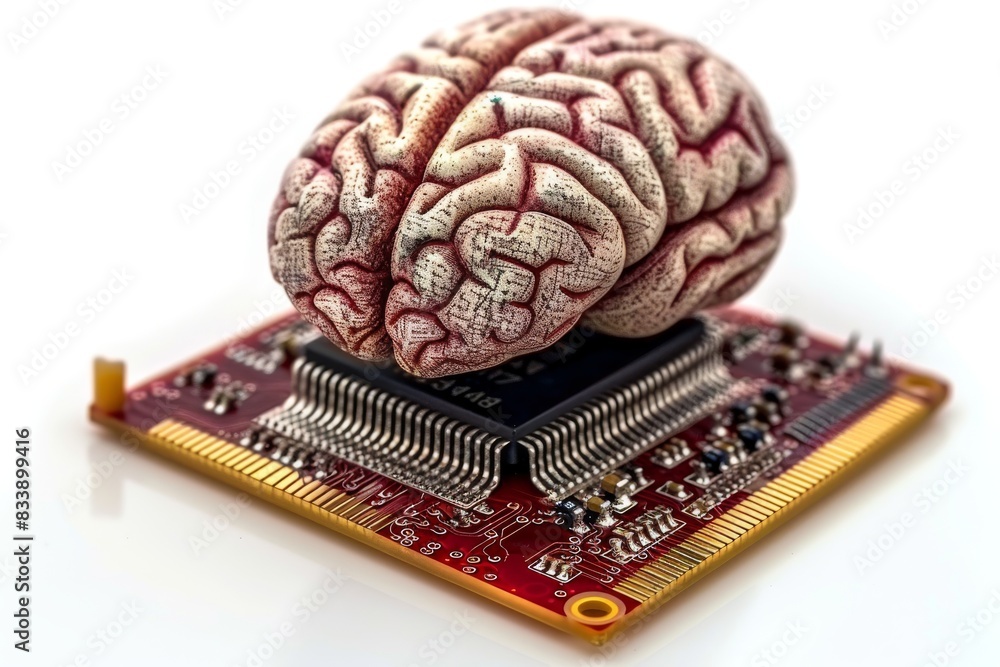 Poster brain on a microchip, showcasing the fusion of biological and technological intelligence in a detail