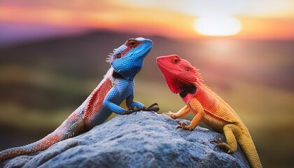 two multicolored agama lizard on a rock - Powered by Adobe