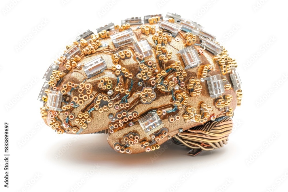 Poster complex brain with mechanical elements, illustrating the integration of human cognition and technolo