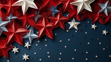 Obraz premium Patriotic stars in red, white, and blue forming a decorative pattern on a dark background, perfect for Independence Day celebrations.