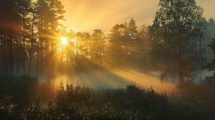 Majestic sunrise peeks through misty forest trees, casting radiant beams across the landscape. 
