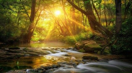 A forest with a stream or river running through it. Sunset and the sun shines through the trees...