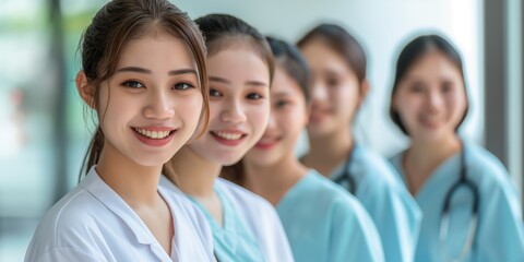 Group of young nurses standing welcoming team in the hospital for healthcare. Leadership, medicine and teamwork with a female health professional in a clinic for treatment.