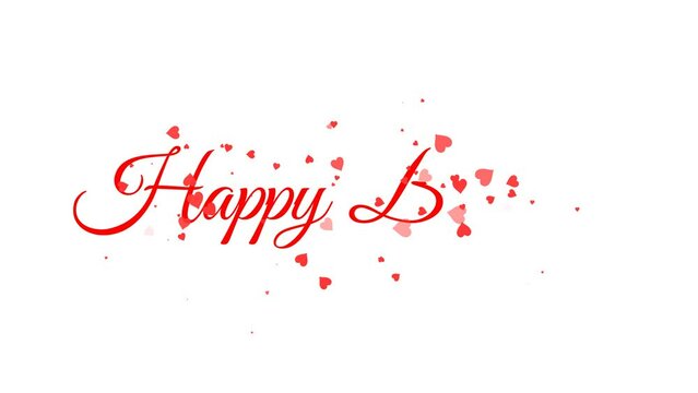 Happy birthday with hearts brush handwriting  red text animation on alpha channel transparent background.
