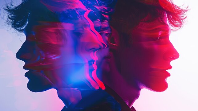 The image combines two faces. Concept of unity, duality, emotional distress or split personality people. Creative surrealistic design. Illustration for banner, poster, cover, brochure or presentation.