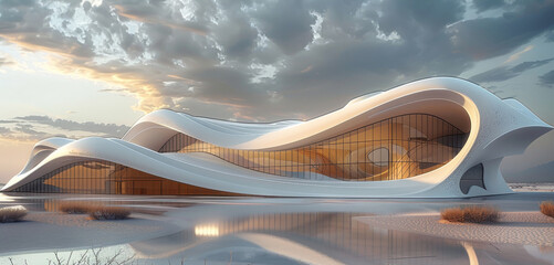 Architectural design, exhibition halls in the desert, flow, curve. Generative AI.