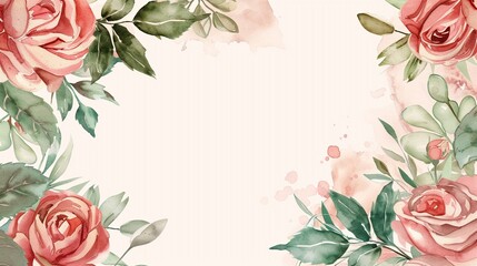 Watercolor invitation frame mock up design with roses, leaves. flower and watercolor background. floral elements, botanic watercolor illustration. Template for wedding, greeting card, Valentine's Day.