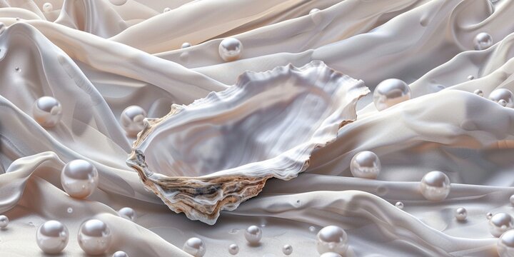 Empty graceful shell as display podium or showcase for jewelry, cosmetic product related to pearl, shiny, natural, purity product display, minimal design on beige light silky backgrounds, copy space.