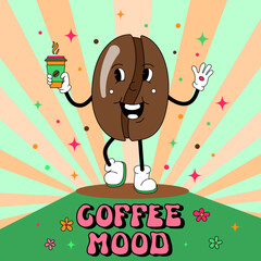 Comic flat coffee Bean with face on decorated background. Vector cartoon illustration in groovy retro style with coffee cup drink. Vintage image of cute coffee smiling character for poster or banner