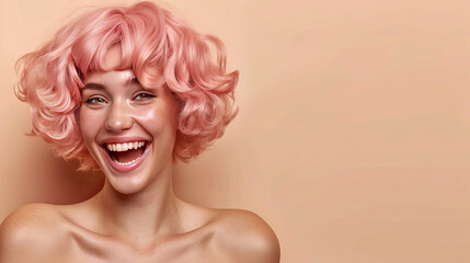 A happy woman with a big smile, wearing a pink wig, posing in front of a beige backdrop.