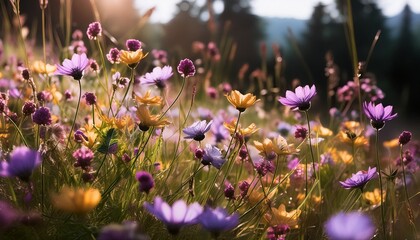 blossom meadow with abstract colorful flowers and grass seamless floral pattern isolated...