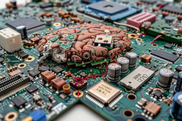 Brain on a complex motherboard, showcasing the intricate relationship between biological and digital systems.