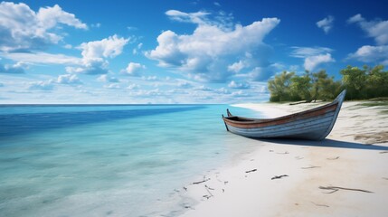 Naklejka premium A serene tropical beach scene with a lone boat resting on the shore