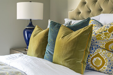 Close-up of a bed with a light green tufted headboard, multi-colored velvet pillows, a duvet cover, a blue ceramic lamp on a wooden nightstand, white walls