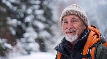 Fototapeta premium Embracing the Golden Years: A Joyful Senior Man Hiking Through Scenic Winter Mountains