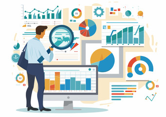 Business Intelligence Analyst Reviewing Financial Charts, SEO Data Visualizations - Businessman Utilizing Charts, Graphs for Research Analysis