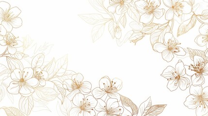 Cherry Blossoms floral, luxury botanical on white background vector, empty space in the middle to leave room for text or logo, gold line wallpaper, leaves, flower, foliage, hand drawn