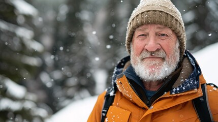 Fototapeta premium Embracing the Golden Years: A Joyful Senior Man Hiking Through Scenic Winter Mountains