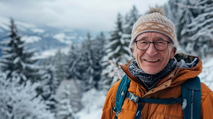 Fototapeta premium Embracing the Golden Years: A Joyful Senior Man Hiking Through Scenic Winter Mountains