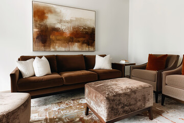 A brown velvet sofa, an ottoman in front, two chairs on the side, and a large abstract painting above it. The room has white walls and there is carpeting underfoot.