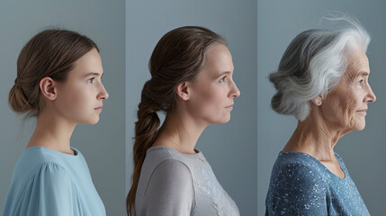 3 panel photography of the same woman character in different age, the ages between girl, middle age and old woman, a pleasant old age