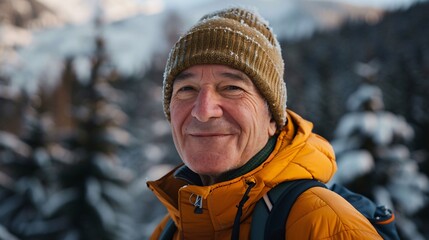 Fototapeta premium Embracing the Golden Years: A Joyful Senior Man Hiking Through Scenic Winter Mountains