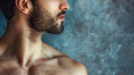 Naklejka premium A man with a hairy chest standing alone on a gray backdrop, ready for text to be added.