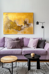 A purple sofa and a black coffee table in front of it, with an abstract painting hanging on the wall behind it. The living room is decorated with yellow-gold accents.