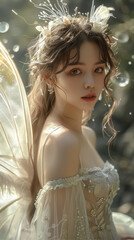 A beautiful fairy woman with delicate, translucent wings and graceful appearance. She has long flowing hair and wears an ethereal flowing gown. Her expression is calm and charming. Generative AI.