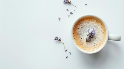 Cup of lavender cappuccino, top view, copy space