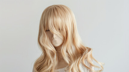 Naklejka premium A natural-looking blonde wig with bangs and twisted strands sits on a white metal stand, isolated against a white background.