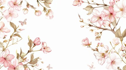 Cherry Blossoms floral, luxury botanical on white background vector, empty space in the middle to leave room for text or logo, gold line wallpaper, leaves, flower, foliage, hand drawn