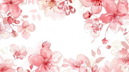 Cherry Blossoms floral, luxury botanical on white background vector, empty space in the middle to leave room for text or logo, gold line wallpaper, leaves, flower, foliage, hand drawn