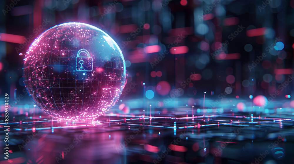 Poster a globe with a cyber security lock in cyberspace neon dark blue and pink. generative ai.
