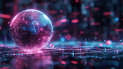 A globe with a cyber security lock in cyberspace neon dark blue and pink. Generative AI.