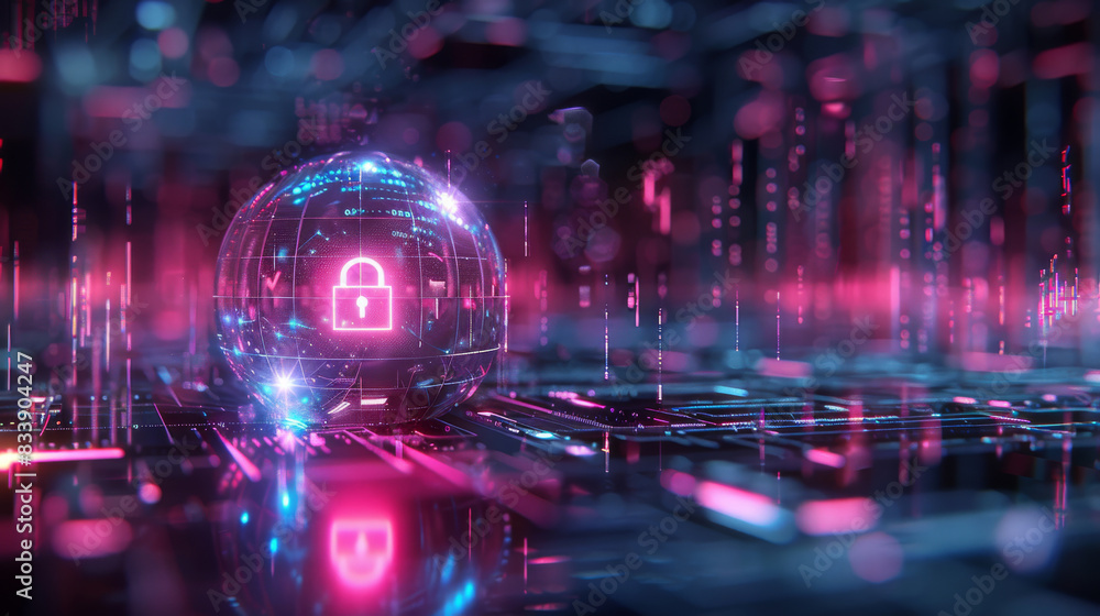 Aufkleber A globe with a cyber security lock in cyberspace neon dark blue and pink. Generative AI.