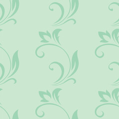 Vintage seamless plant pattern of green stylized leaves, flowers and curls. Retro style. Vector backdrop, texture for victorian wallpapers, wrapping paper, fabric