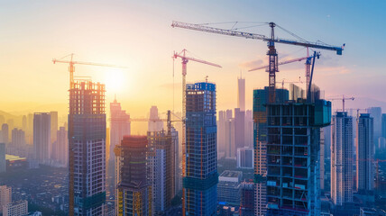 Skyline and Skyscraper under construction. Huge modern building work in progress with enormous crane in first plan. Belgrade city business and residential district, Big modern city