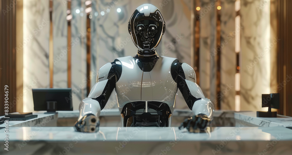 Poster a robot in a suit behind a concierge desk. futuristic. generative ai.