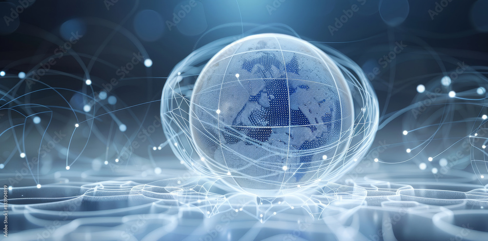 Poster a futuristic abstract digital design featuring a geometric sphere composed of interconnected lines a