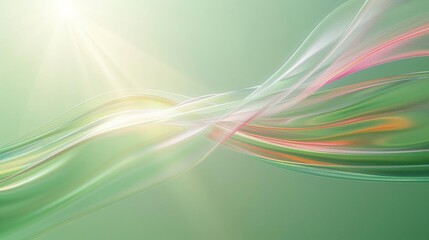 Obraz premium Clear soft mint green background with a 3D rendered abstract composition of neon rays and colorful lines, casting gentle, glowing patterns