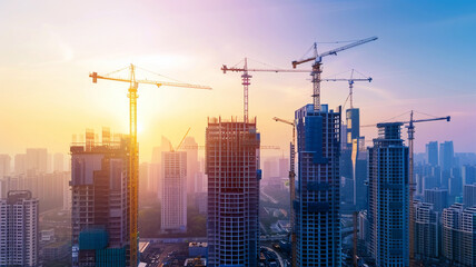 Skyline and Skyscraper under construction. Huge modern building work in progress with enormous crane in first plan. Belgrade city business and residential district, Big modern city